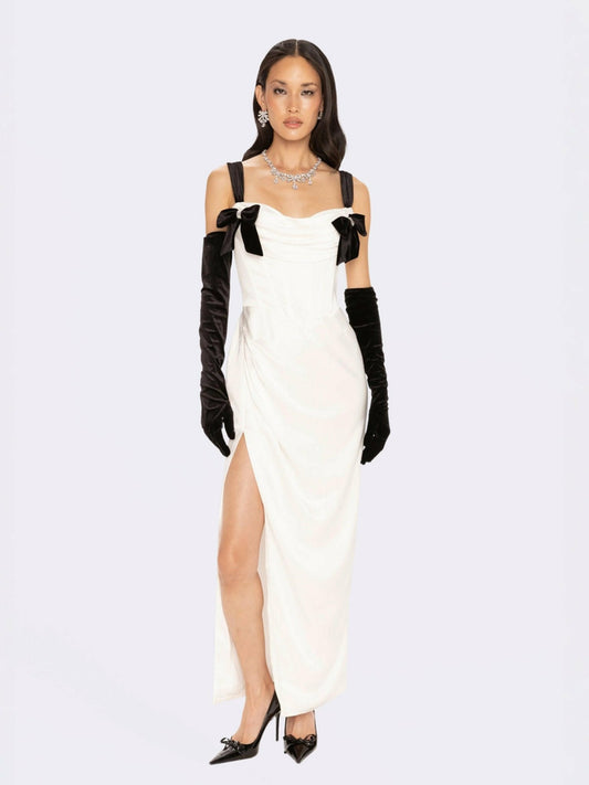 Nana Jacqueline Grace Bow Maxi Dress: White Maxi Dress for Rehearsal Dinner White