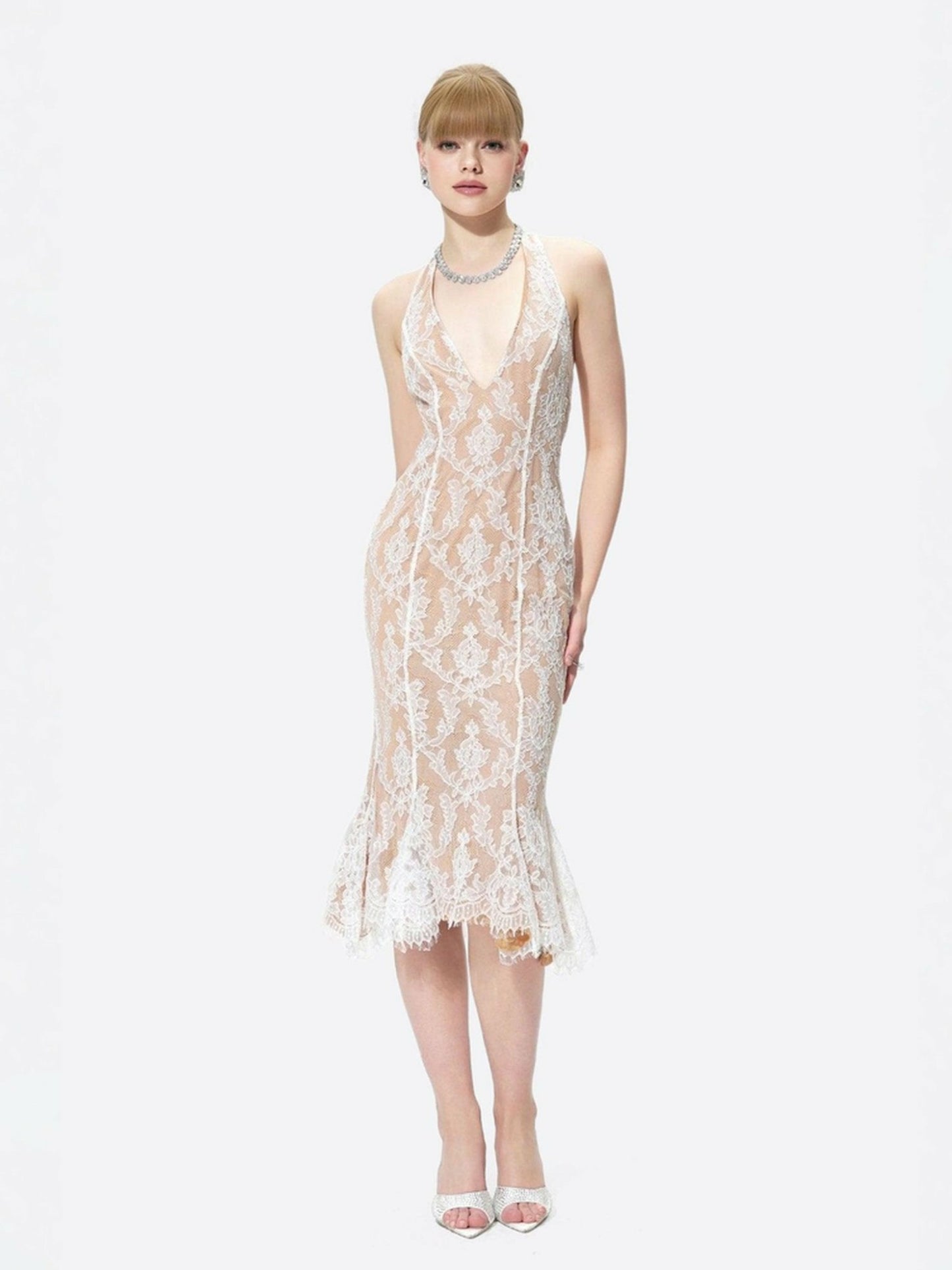 Nana Jacqueline Ivory Lace Midi Dress for Engagement Party Ivory