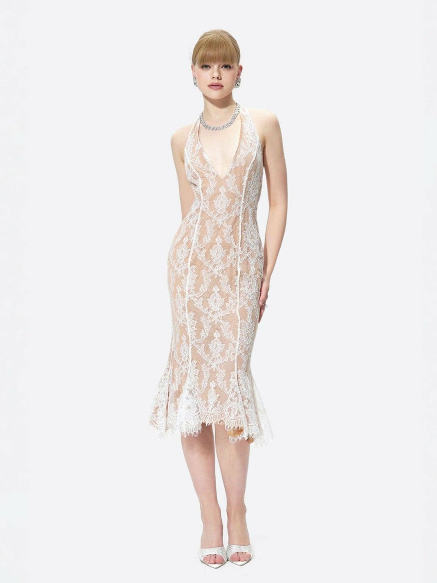 Nana Jacqueline Ivory Lace Midi Dress for Engagement Party Ivory