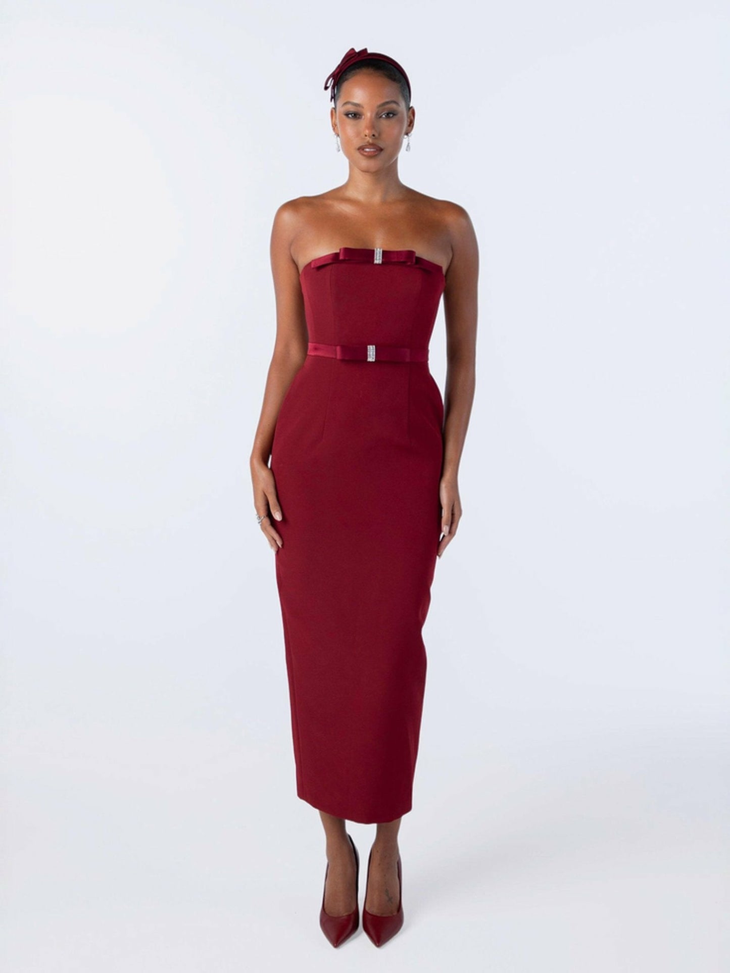 Nana Jacqueline Demi Bow Dress: Red Midi Dress for Cocktail Party Red