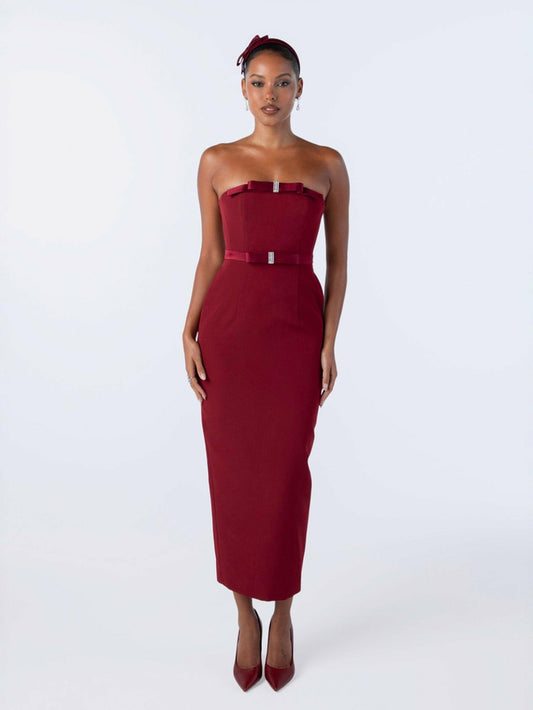 Nana Jacqueline Demi Bow Dress: Red Midi Dress for Cocktail Party Red