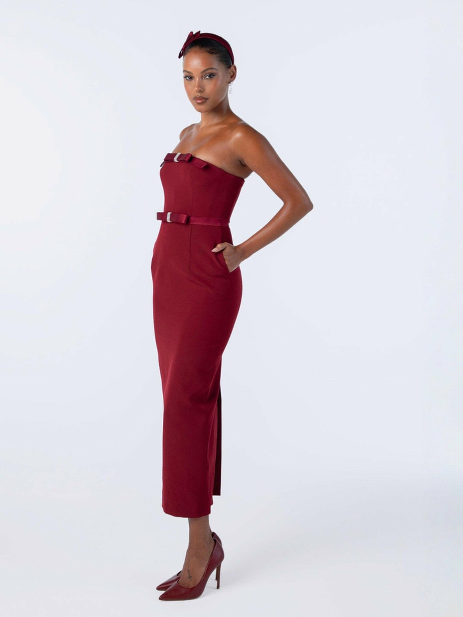 Nana Jacqueline Demi Bow Dress: Red Midi Dress for Cocktail Party Red