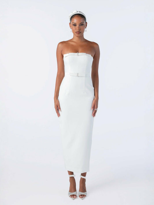 Nana Jacqueline Demi Bow Dress: White Midi Dress for Bridal Shower White