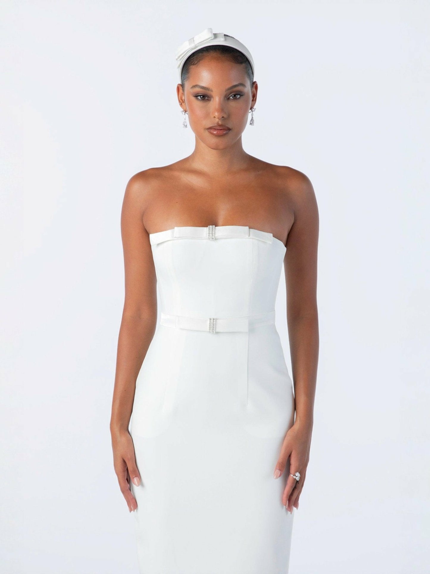 Nana Jacqueline Demi Bow Dress: White Midi Dress for Bridal Shower White