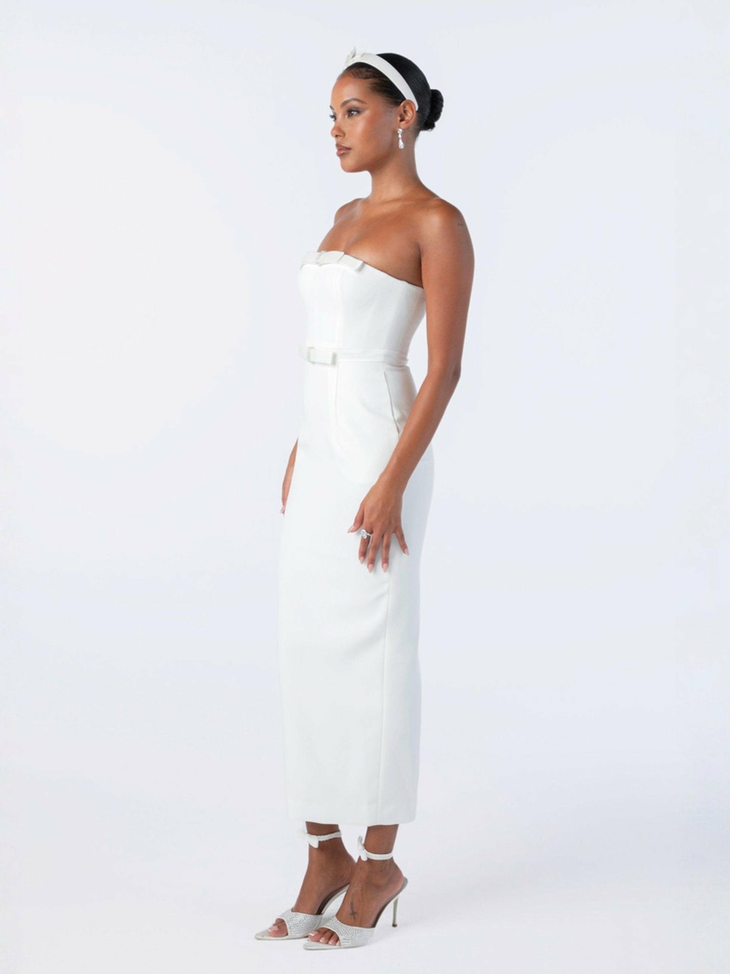 Nana Jacqueline Demi Bow Dress: White Midi Dress for Bridal Shower White