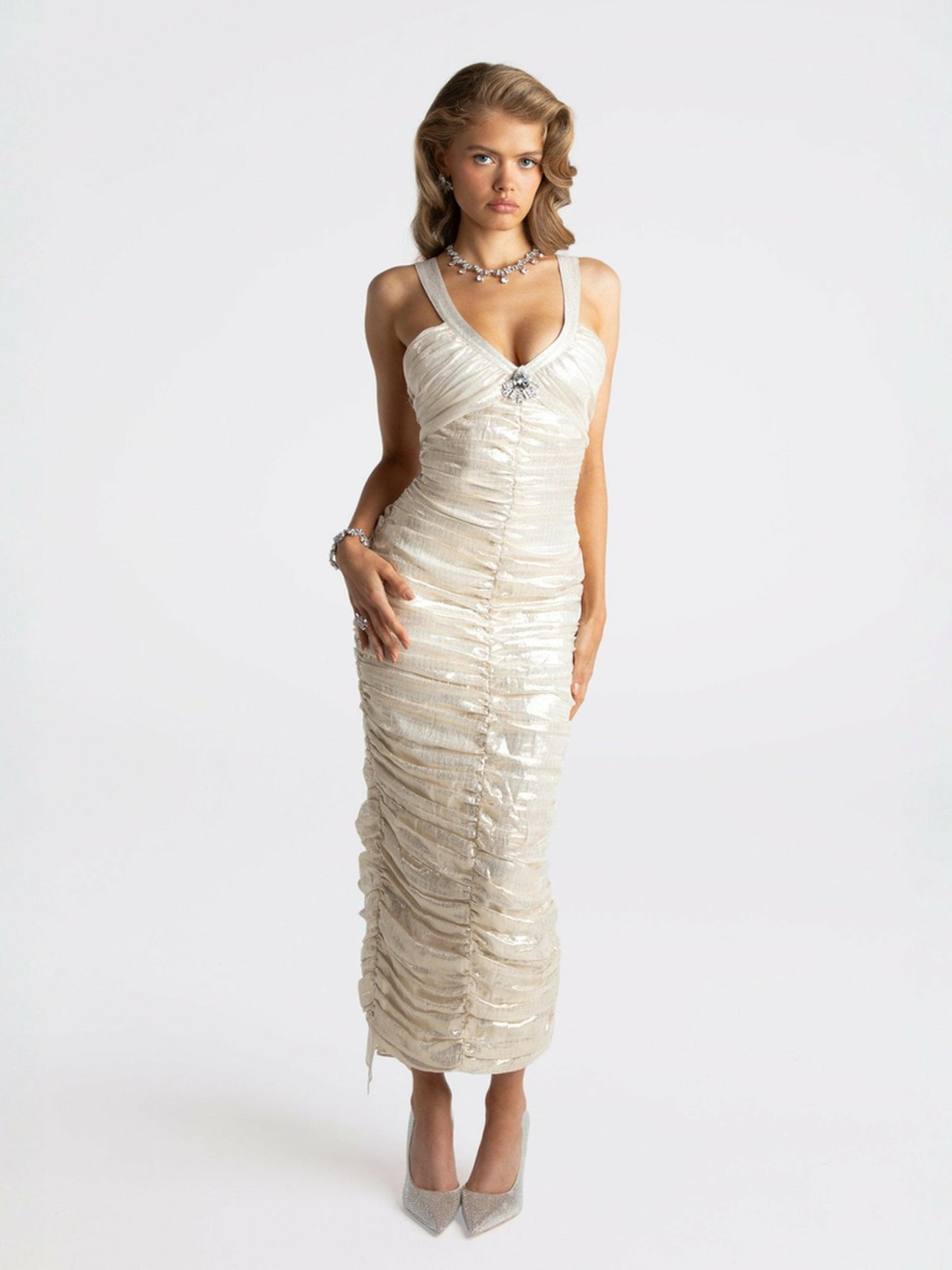 Nana Jacqueline Adele Diamond Dress: Gold Midi Dress for Cocktail Party Gold