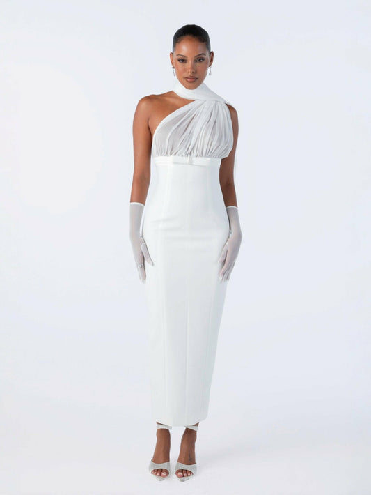 Nana Jacqueline Camella Dress: White Midi Dress for Rehearsal Dinner White