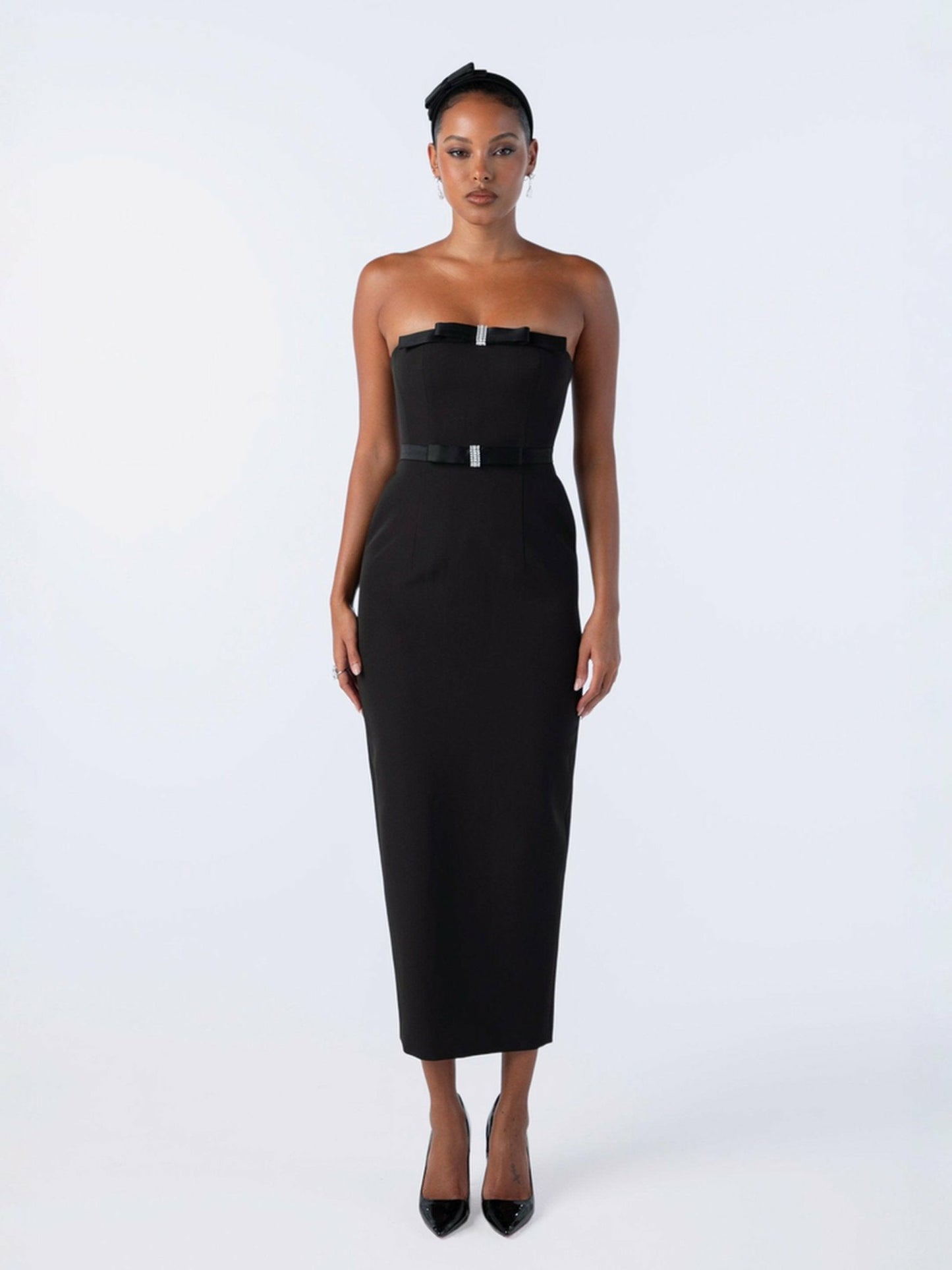 Nana Jacqueline Demi Bow Dress: Black Midi Dress for Cocktail Party Black