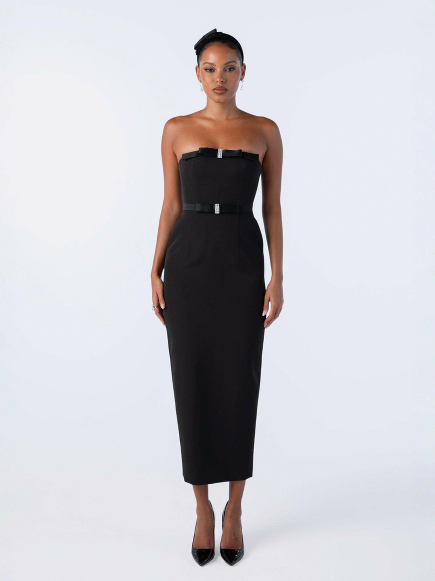 Nana Jacqueline Demi Bow Dress: Black Midi Dress for Cocktail Party Black