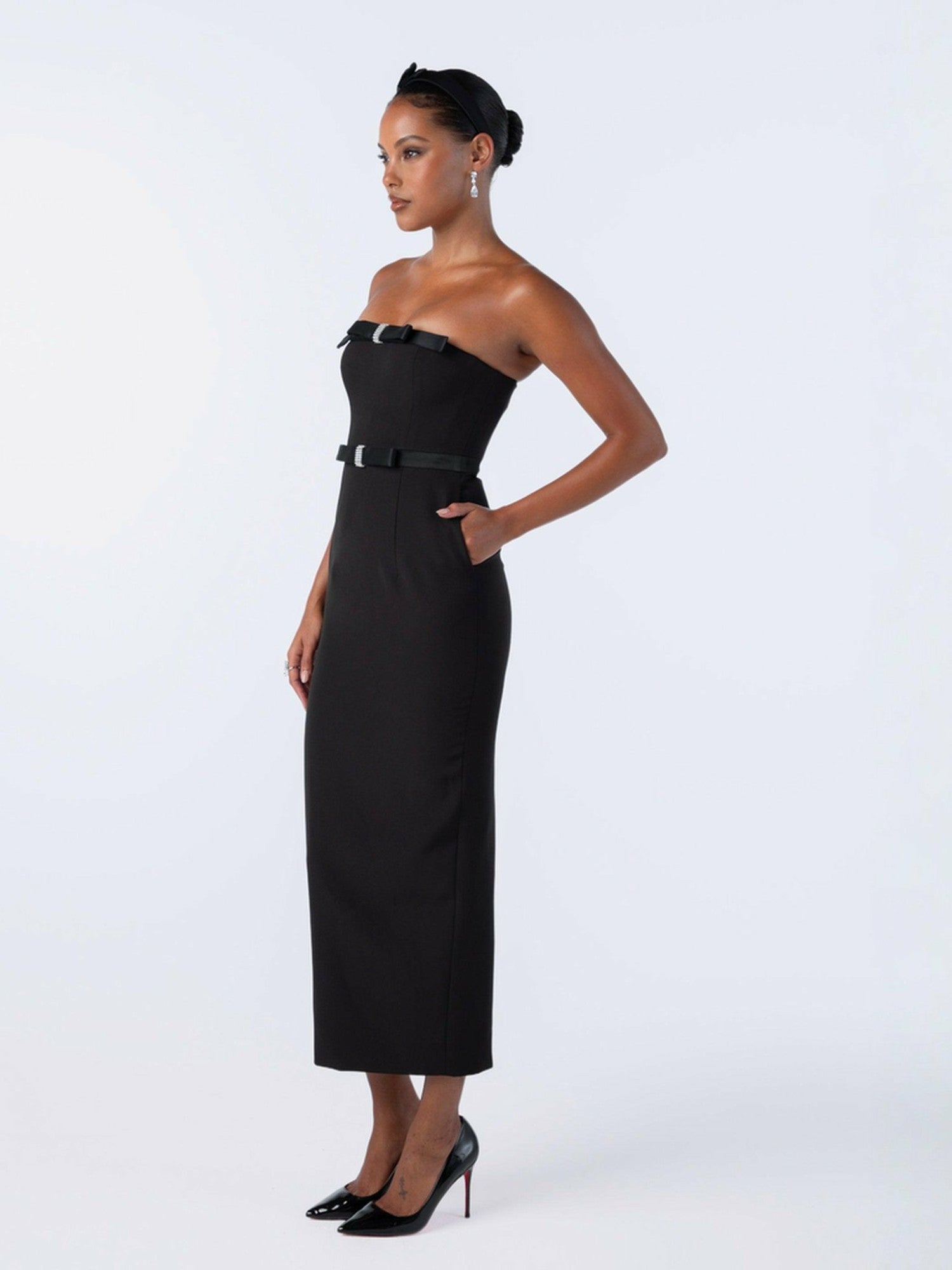 Nana Jacqueline Demi Bow Dress: Black Midi Dress for Cocktail Party Black