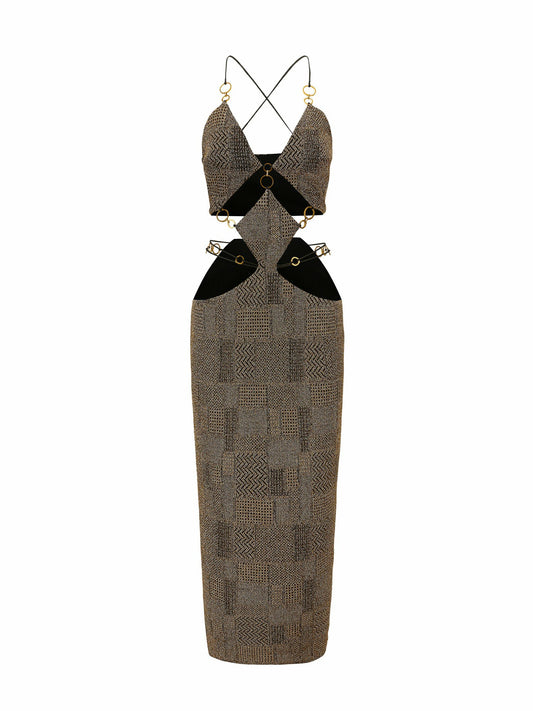 Nana Jacqueline Omaira Dress: Gold Midi Dress for Cocktail Party Gold