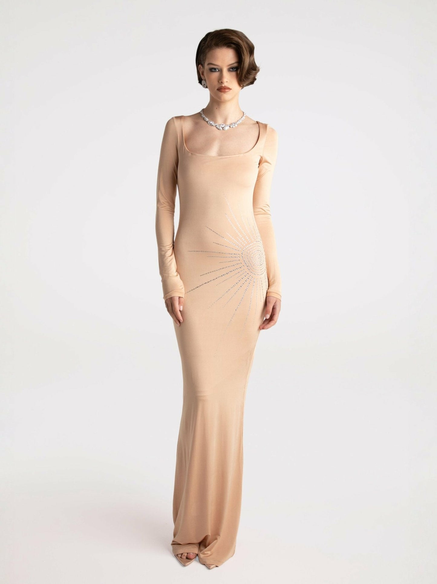Nana Jacqueline Courtney Dress: Nude Maxi Dress for Formal Wedding Guest Nude