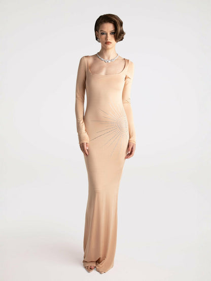 Nana Jacqueline Courtney Dress: Nude Maxi Dress for Formal Wedding Guest Nude