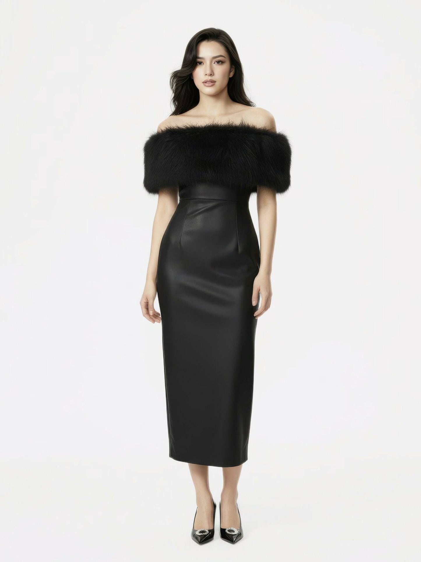 Nana Jacqueline Gabrielle Fur Maxi Dress: Black Maxi Dress for Cocktail Party Black