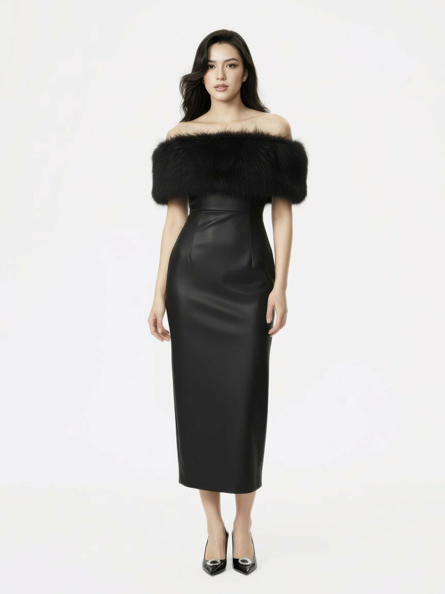Nana Jacqueline Gabrielle Fur Maxi Dress: Black Maxi Dress for Cocktail Party Black