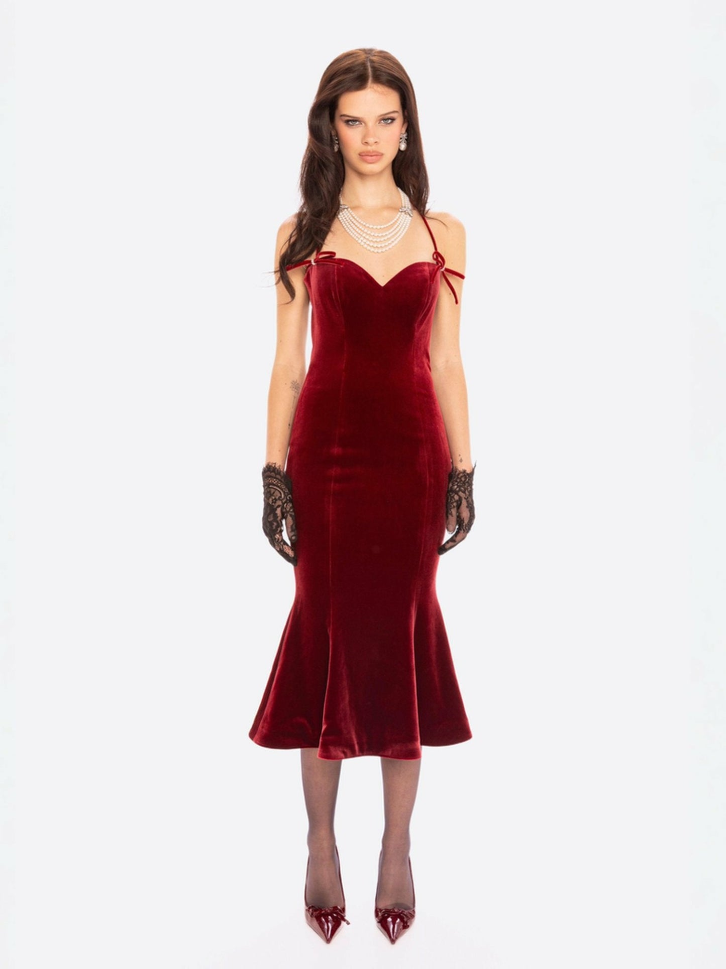 Nana Jacqueline Althea Velvet Maxi Dress: Red Maxi Dress for Cocktail Party Red