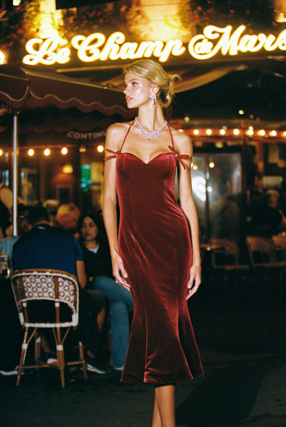 Nana Jacqueline Althea Velvet Maxi Dress: Red Maxi Dress for Cocktail Party Red