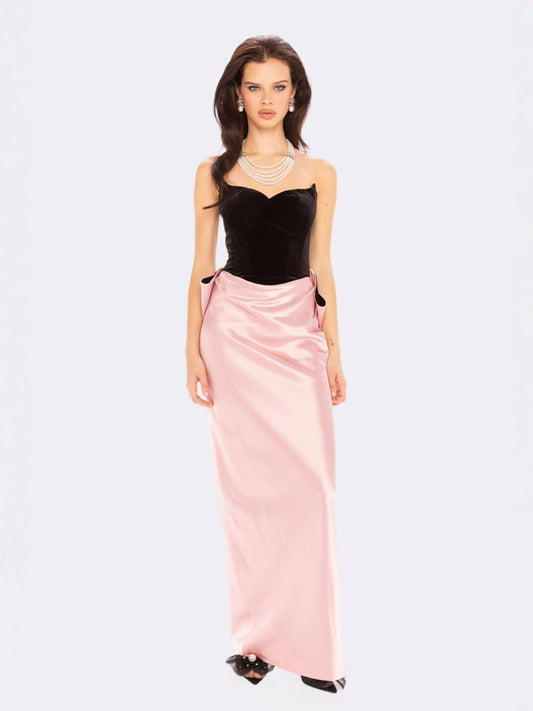 Nana Jacqueline Amor Strapless Velvet Maxi Dress: Black Pink Maxi Dress for Cocktail Party Black & Pink