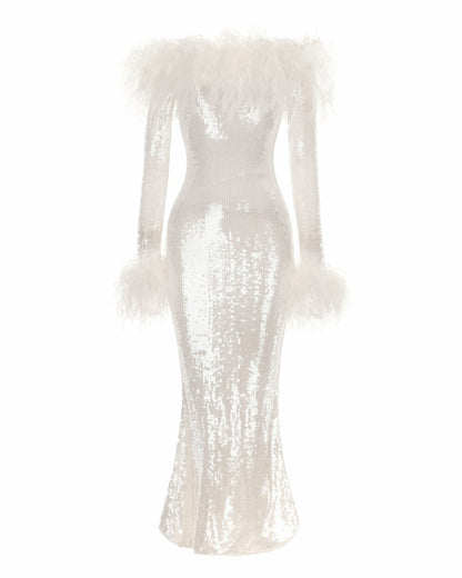 Nana Jacqueline Neva Sequin Maxi Dress: White Maxi Dress for Wedding After-Party White