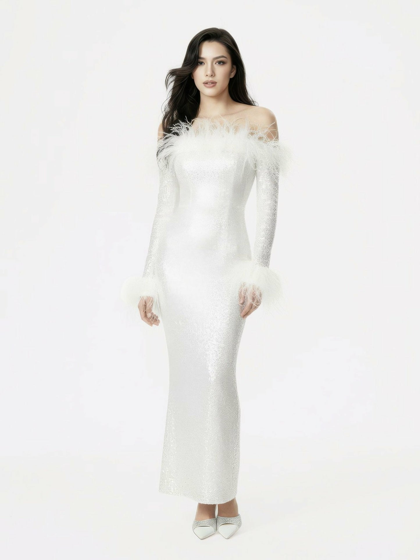 Nana Jacqueline Neva Sequin Maxi Dress: White Maxi Dress for Wedding After-Party White