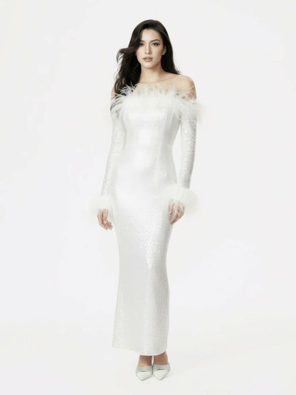 Nana Jacqueline Neva Sequin Maxi Dress: White Maxi Dress for Wedding After-Party White