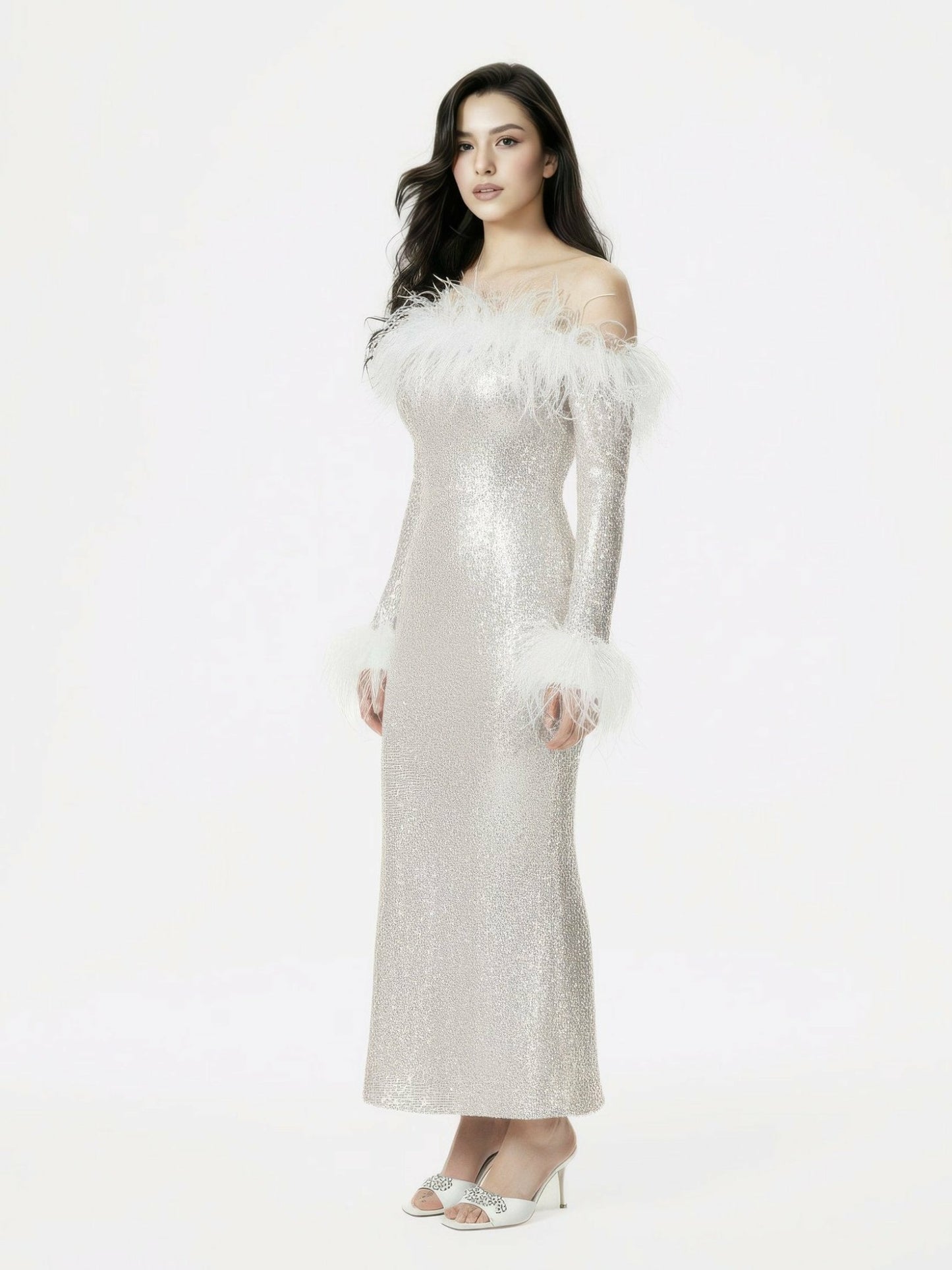 Nana Jacqueline Neva Sequin Maxi Dress: White Maxi Dress for Wedding After-Party White