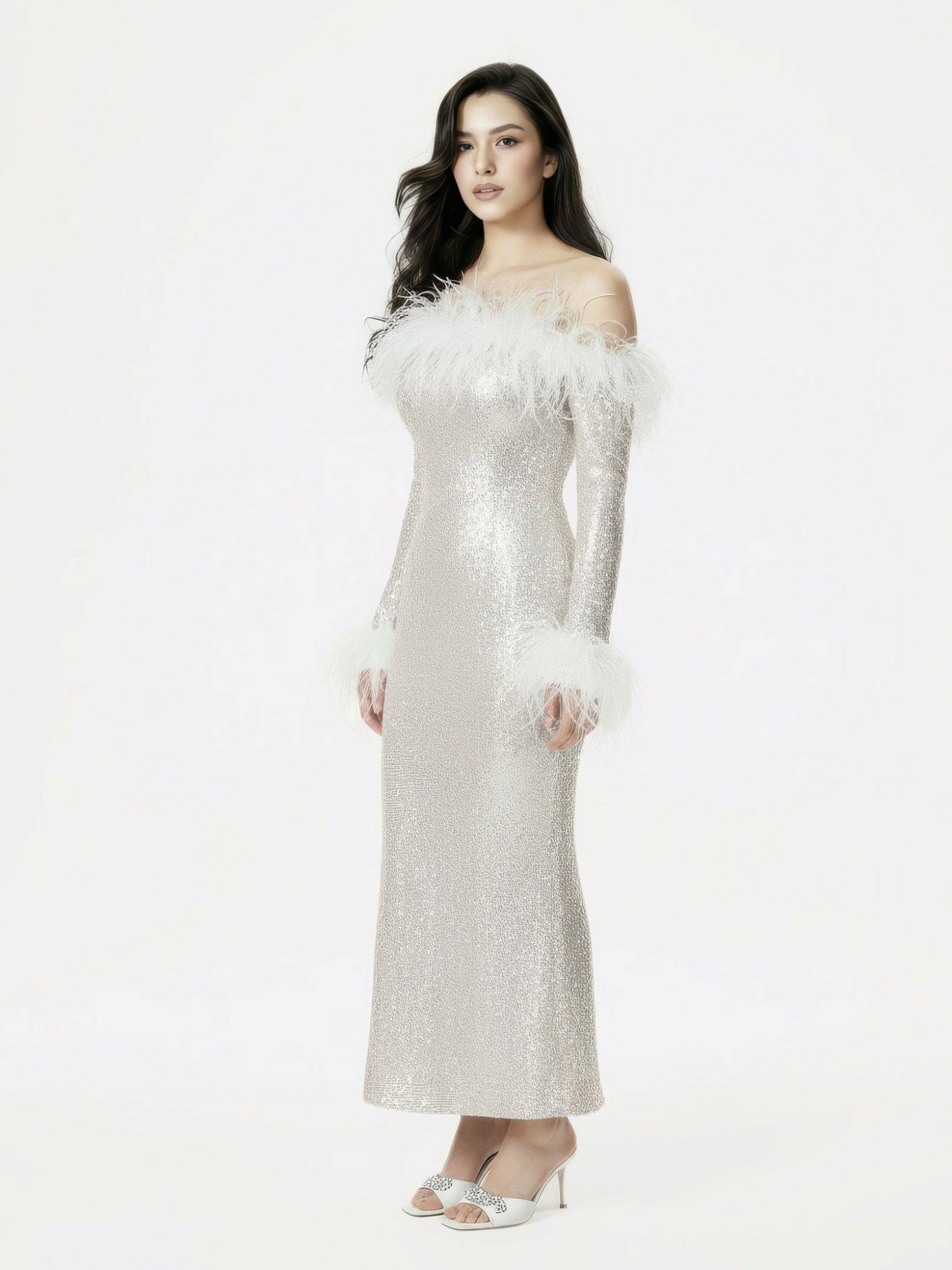 Nana Jacqueline Neva Sequin Maxi Dress: White Maxi Dress for Wedding After-Party White