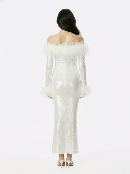 Nana Jacqueline Neva Sequin Maxi Dress: White Maxi Dress for Wedding After-Party White