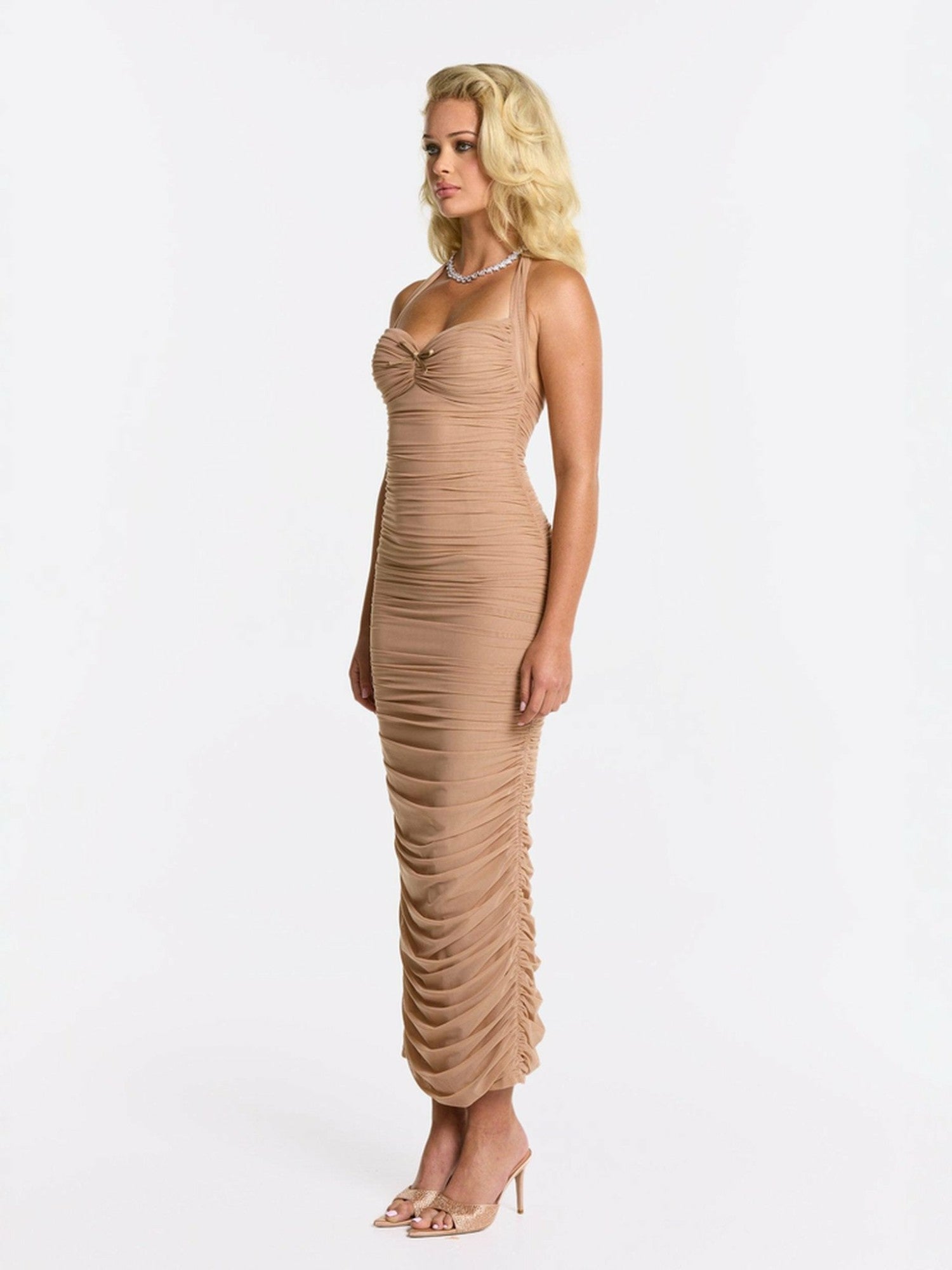 Nana Jacqueline Francesca Dress: Beige Midi Dress for Cocktail Party Beige