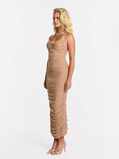 Nana Jacqueline Francesca Dress: Beige Midi Dress for Cocktail Party Beige