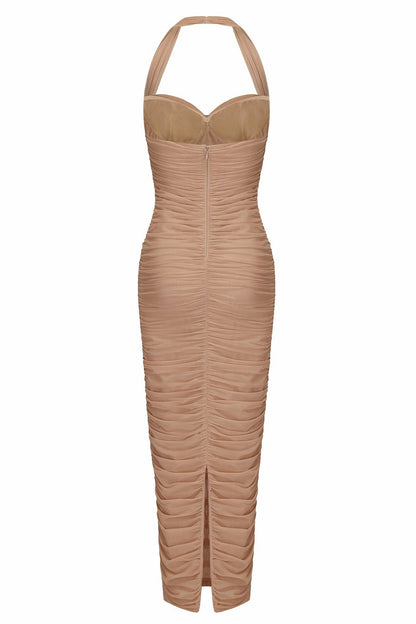 Nana Jacqueline Francesca Dress: Beige Midi Dress for Cocktail Party Beige