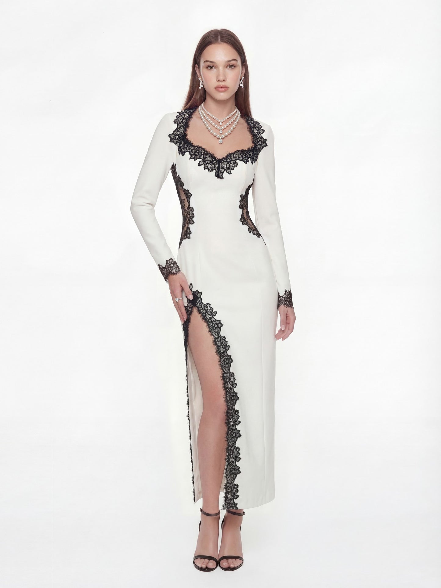Nana Jacqueline Adriana Lace Trim High-Slit Ivory Maxi Dress White