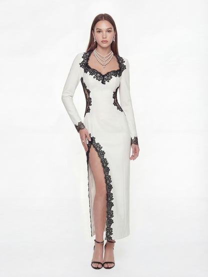 Nana Jacqueline Adriana Lace Trim High-Slit Ivory Maxi Dress White