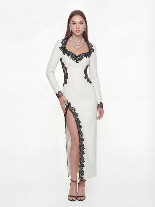 Nana Jacqueline Adriana Lace Trim High-Slit Ivory Maxi Dress White