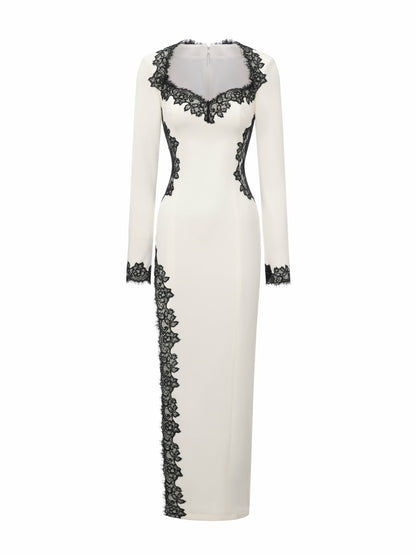 Nana Jacqueline Adriana Lace Trim High-Slit Ivory Maxi Dress White