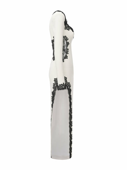 Nana Jacqueline Adriana Lace Trim High-Slit Ivory Maxi Dress White