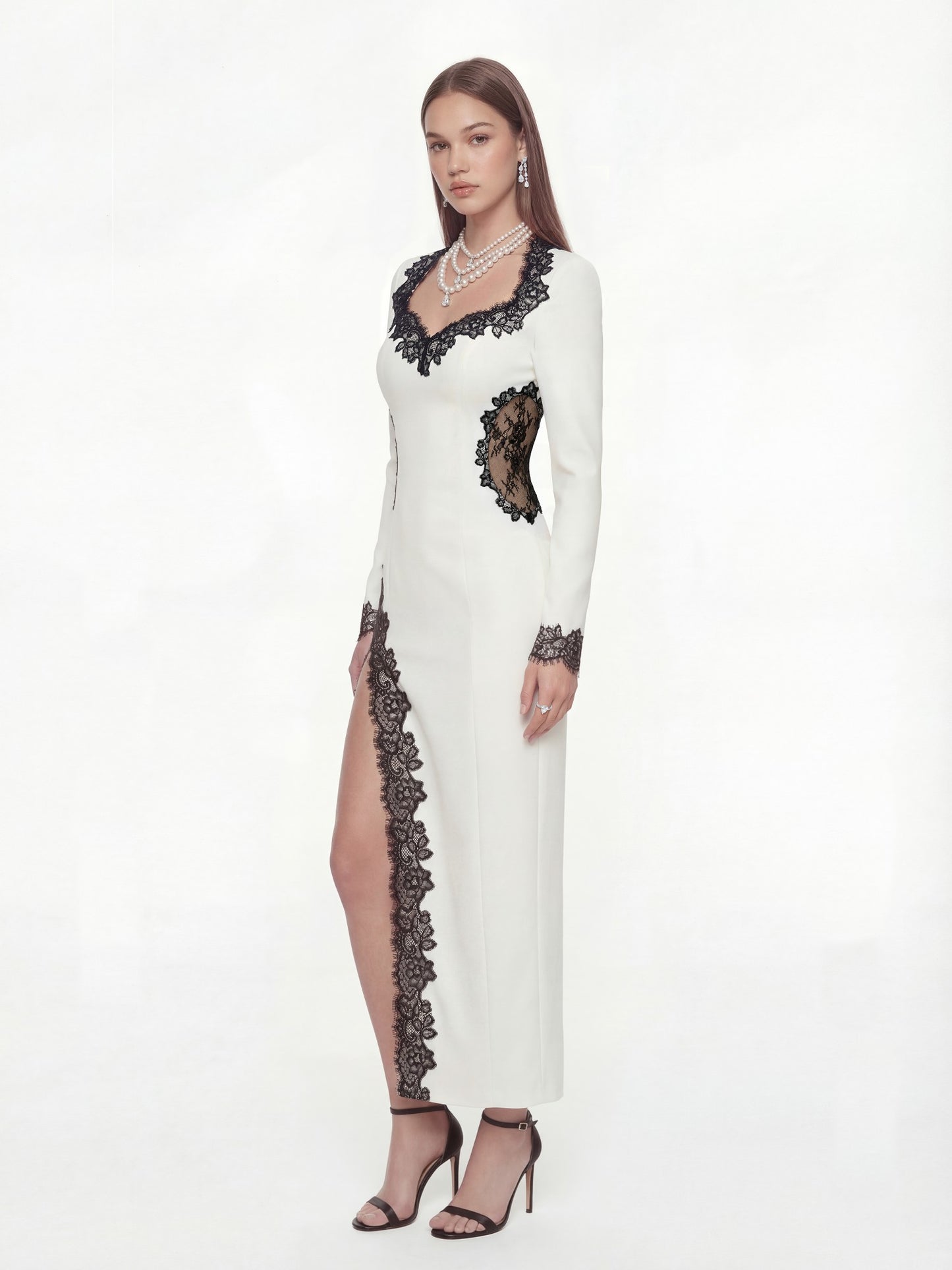 Nana Jacqueline Adriana Lace Trim High-Slit Ivory Maxi Dress White