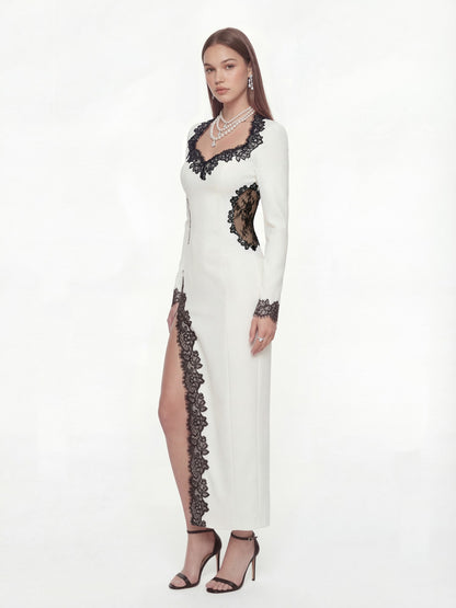 Nana Jacqueline Adriana Lace Trim High-Slit Ivory Maxi Dress White