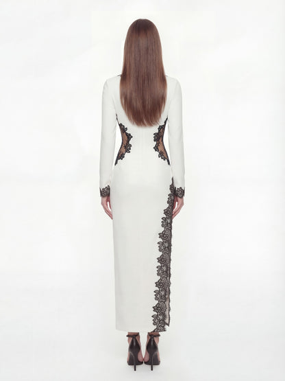 Nana Jacqueline Adriana Lace Trim High-Slit Ivory Maxi Dress White