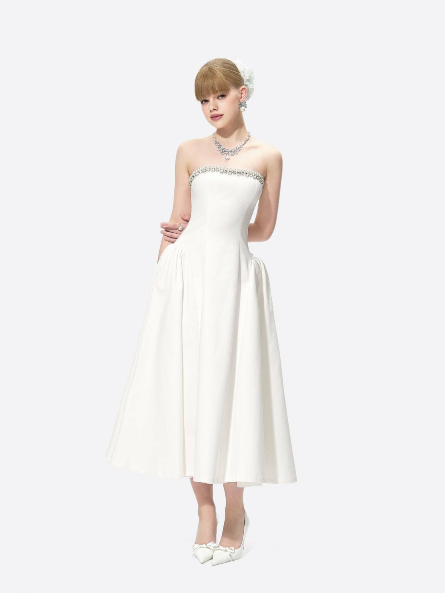 Nana Jacqueline Nicolette Dress: White Midi Dress for Bridal Shower White