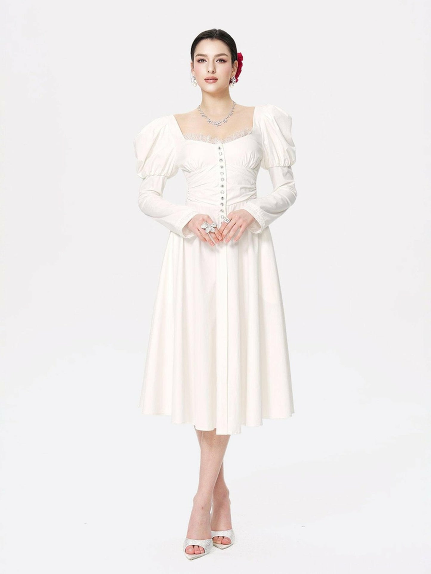Nana Jacqueline Livia Dress: White Midi Dress for Bridal Shower White