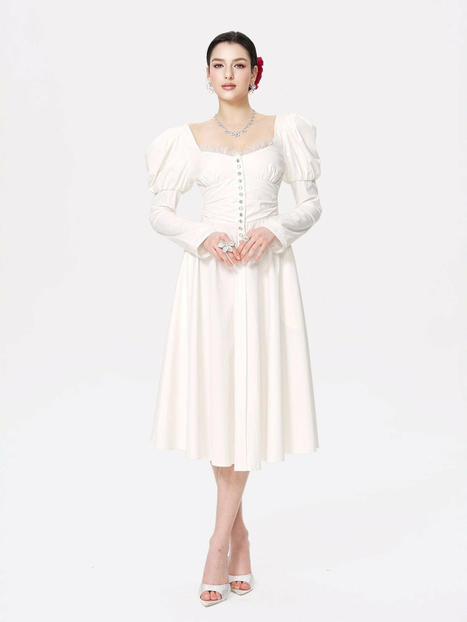 Nana Jacqueline Livia Dress: White Midi Dress for Bridal Shower White