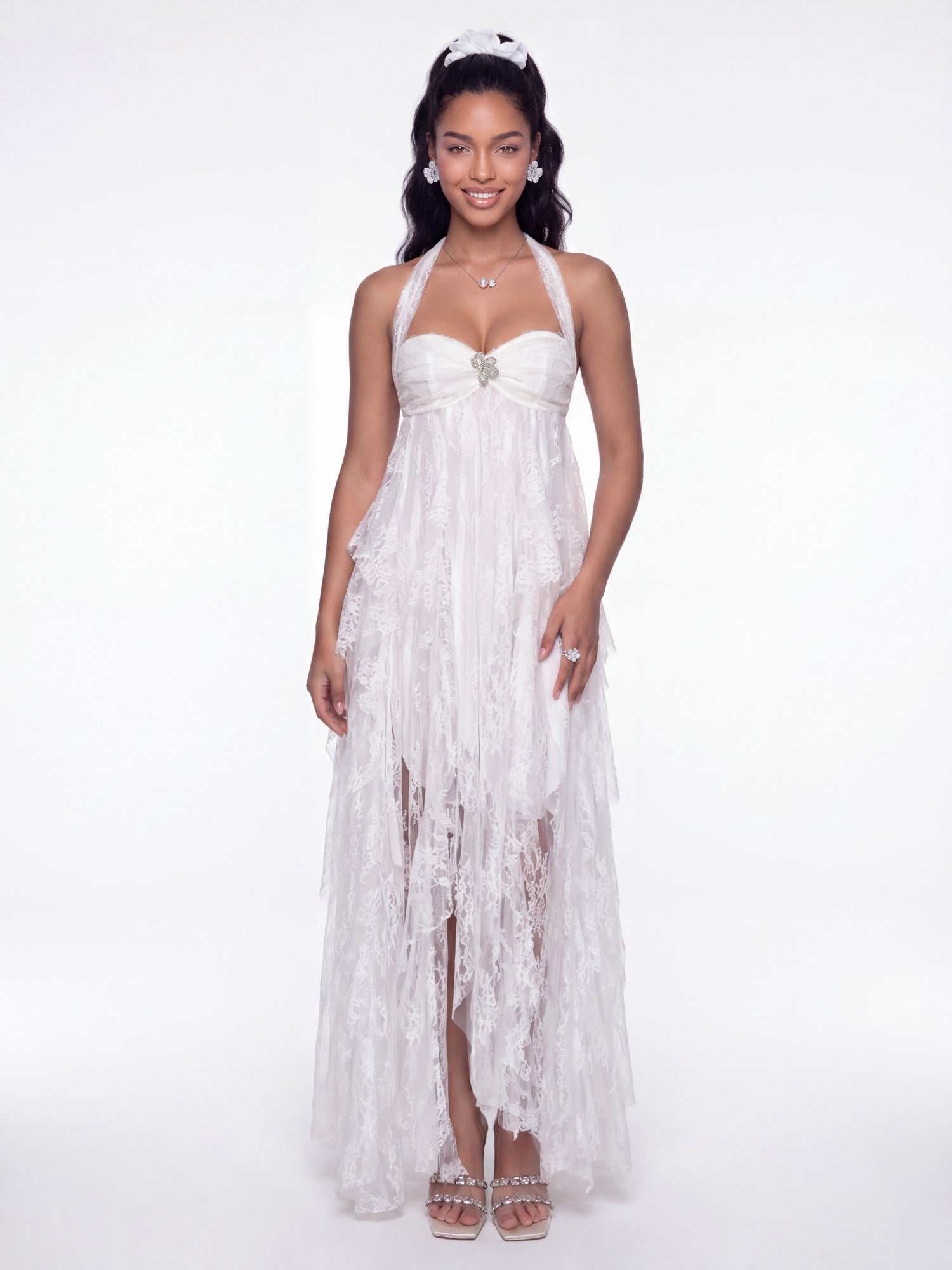 Nana Jacqueline Aurora Halter Lace White Dress White