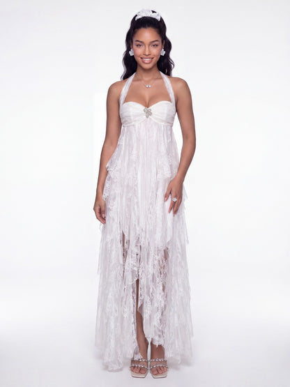 Nana Jacqueline Aurora Halter Lace White Dress White