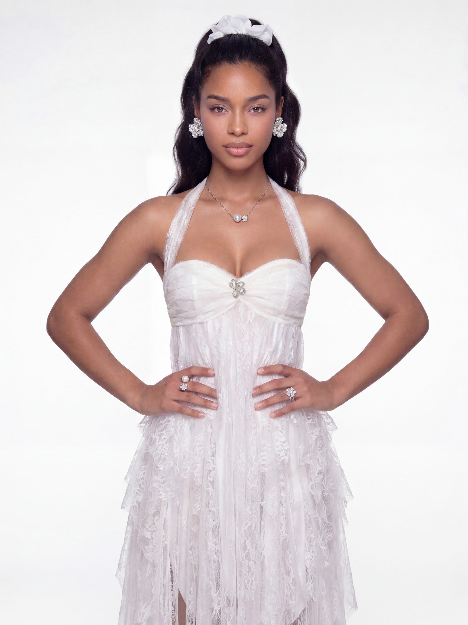 Nana Jacqueline Aurora Halter Lace White Dress White