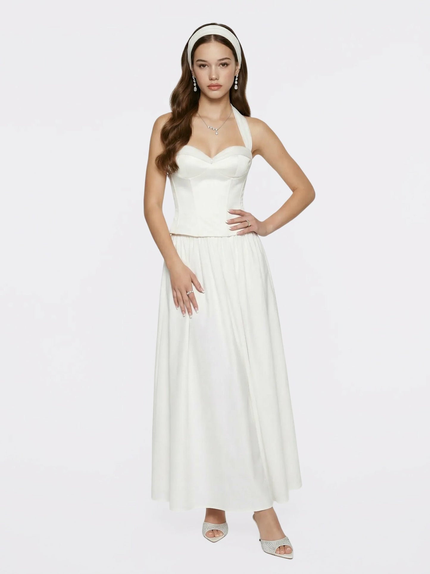 Nana Jacqueline White Satin Halter Top with Crystal Bow White