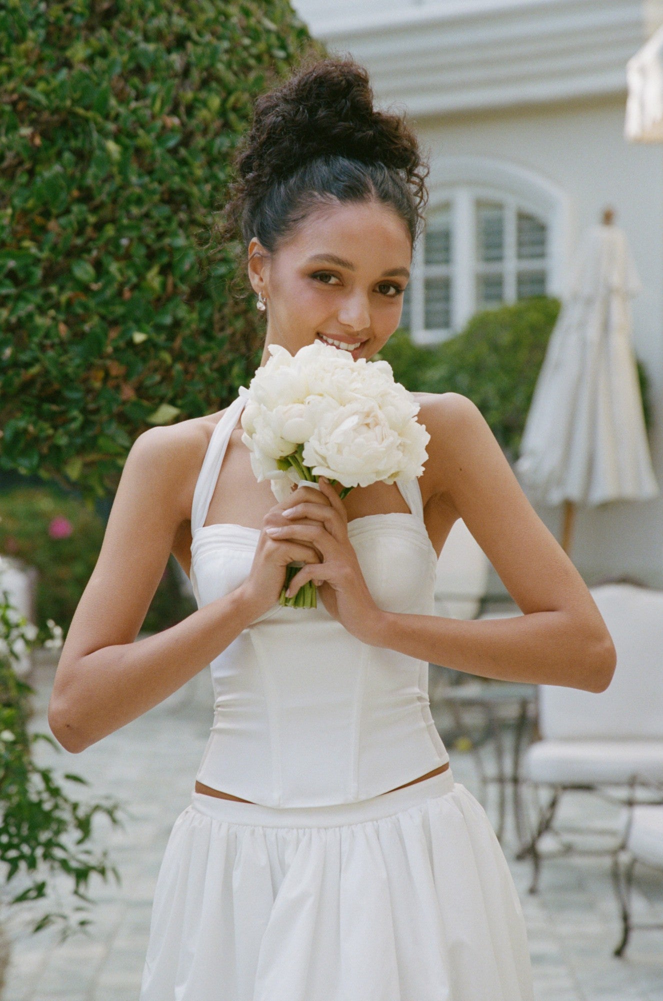 Nana Jacqueline White Satin Halter Top with Crystal Bow White