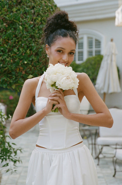 Nana Jacqueline White Satin Halter Top with Crystal Bow White