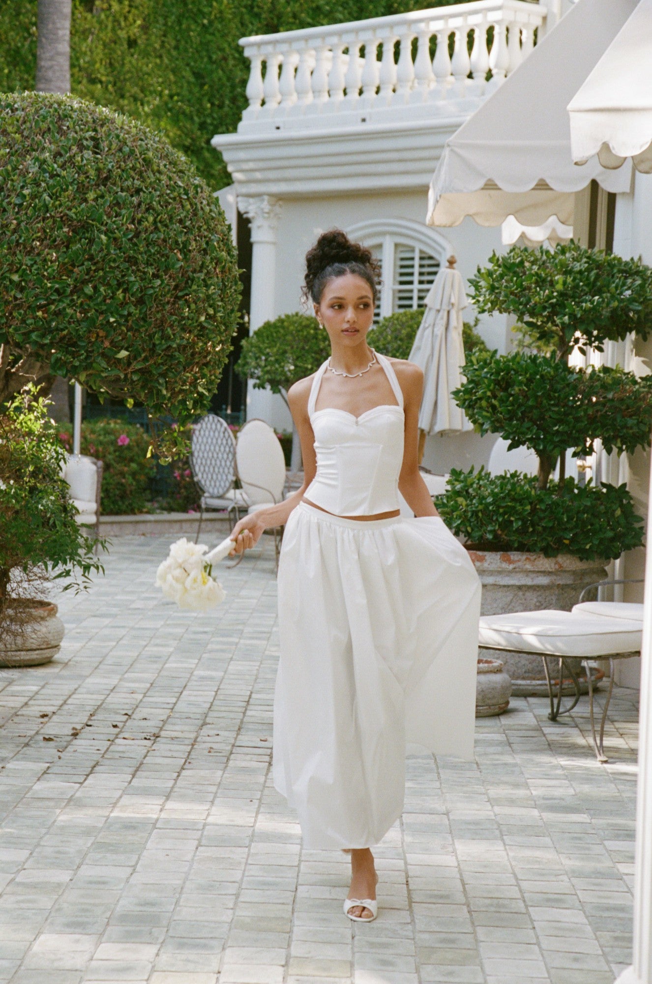 Nana Jacqueline White Satin Halter Top with Crystal Bow White