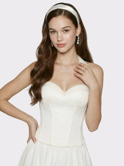 Nana Jacqueline White Satin Halter Top with Crystal Bow White